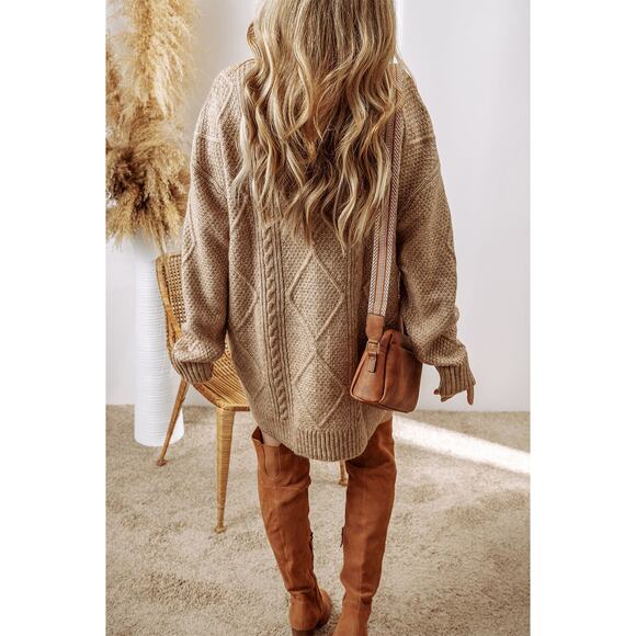 Cozy Solid Cable Knit Oversized Sweater Dress- Drop Shoulder Loose Fit Sweater - Picture 7 of 8